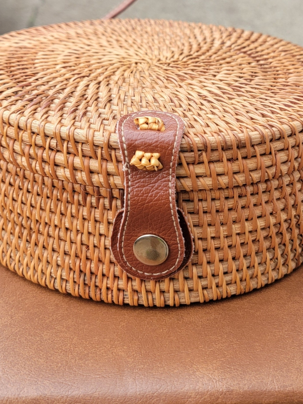Woven Round Rattan Bag with Brown Leather Trim